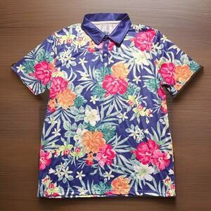 Proud 90 Men's Pink Blue Floral Hawaiian Shirt Large Golf is Fun Polo Stretch